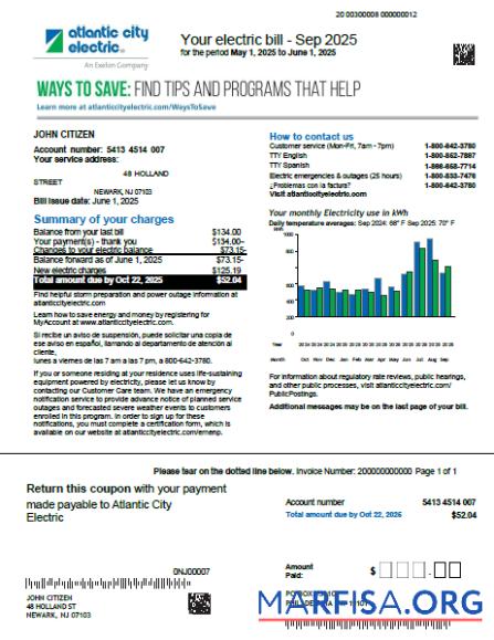 Blank USA Atlantic City Electric utility bill template in Word and PDF formats, version 2